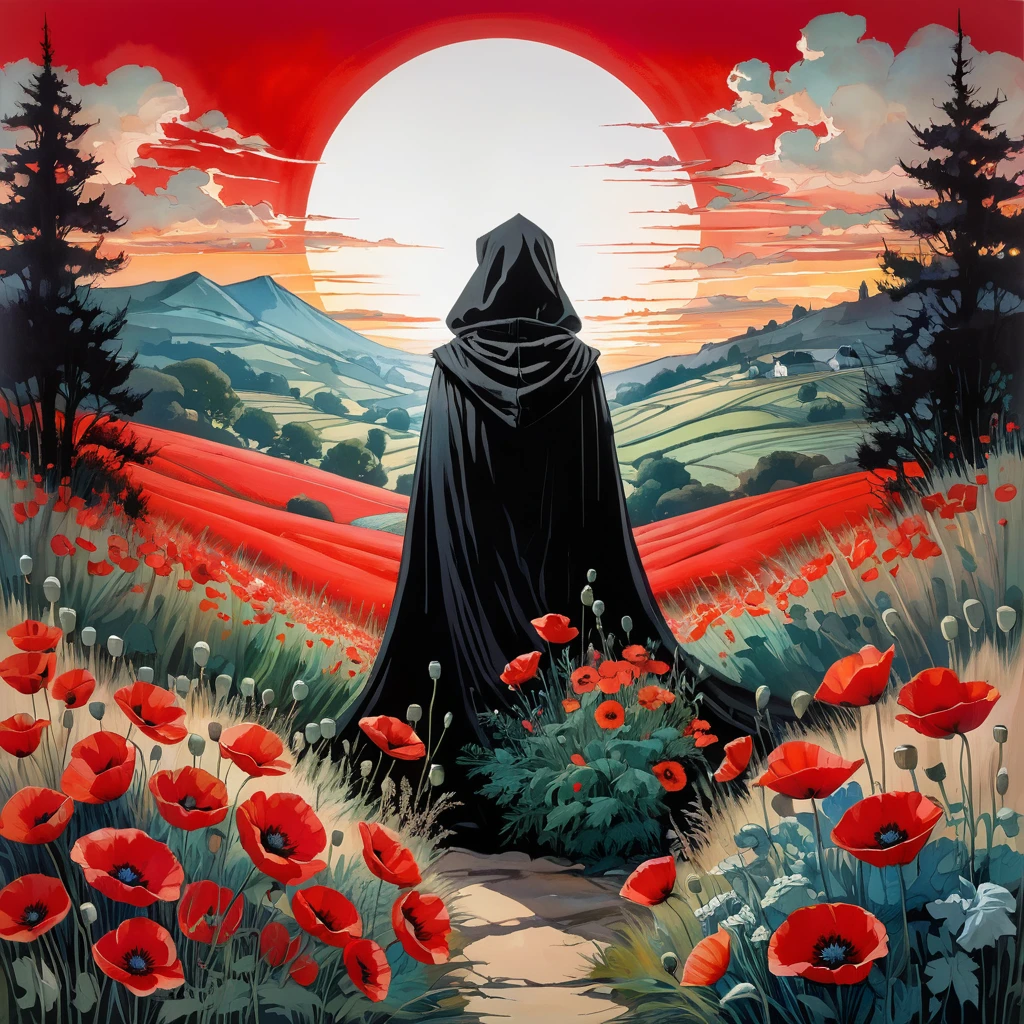 Beautiful ink drawing, view from the top. This image is a beautiful and evocative artistic representation of a figure, a skeletal figure wearing a hooded cloak and fabric, amidst a field of vibrant red poppies and other foliage. The central figure seems ethereal, almost ghostly, and the poppies glow in vibrant red hues against the soft tones of the background landscape. This piece seems to convey a sense of remembrance or solemn reflection amidst the resilient beauty of nature.. It is a breathtaking surreal masterpiece. inspiration Jim Mahfood Art, Henrique Asêncio, por Greg Rutkowski, Craig Davison, Jenny Saville, Bernie Wrightson, Frank Frazetta,. sleeved+ styled. Studio Ghibli Genshin Impact