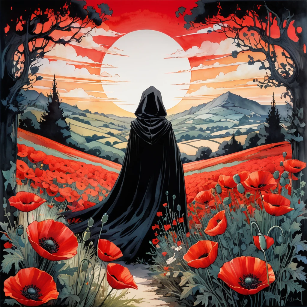 Beautiful ink drawing, view from the top. This image is a beautiful and evocative artistic representation of a figure, a skeletal figure wearing a hooded cloak and fabric, amidst a field of vibrant red poppies and other foliage. The central figure seems ethereal, almost ghostly, and the poppies glow in vibrant red hues against the soft tones of the background landscape. This piece seems to convey a sense of remembrance or solemn reflection amidst the resilient beauty of nature.. It is a breathtaking surreal masterpiece. inspiration Jim Mahfood Art, Henrique Asêncio, por Greg Rutkowski, Craig Davison, Jenny Saville, Bernie Wrightson, Frank Frazetta,. sleeved+ styled. Studio Ghibli Genshin Impact