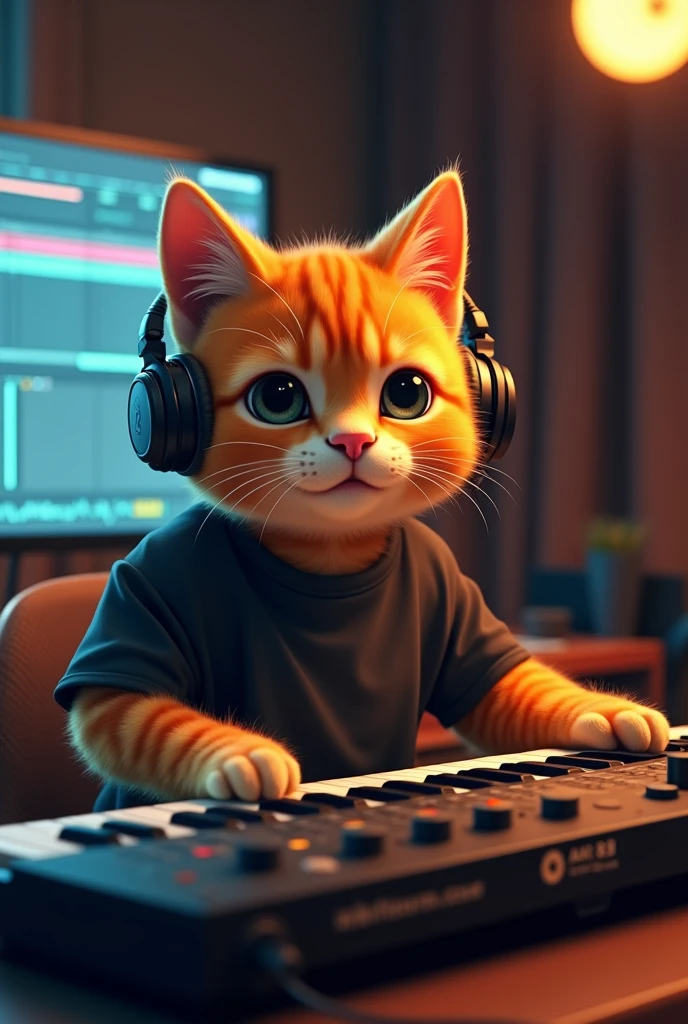 Humanoid orange cat performing a song in front of a professional AKAI 88 MPC MIDI keyboard ,Put on headphones,T-shirt included ,When you sit in front of the screen、You can see that he uses Ableton Live as his preferred DAW.,He is an expert in music production and piano playing.....