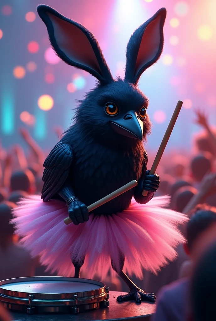 A Raven with rabbit ears and a pink tutu playing the drums at a concert