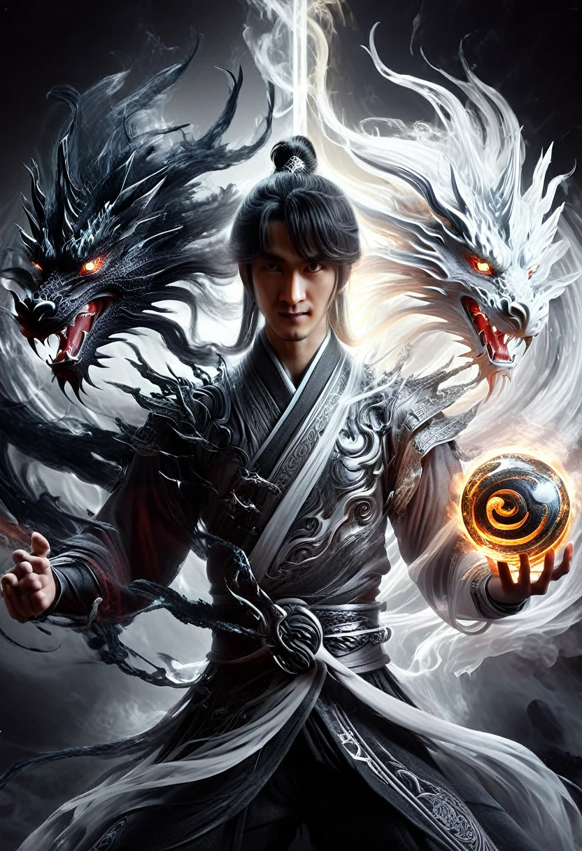 a man holding a ball with a dragon on it, inspired by Li Gonglin, human and dragon fusion, inspired by Feng Zhu, man with the soul of a dragon, inspired by Fan Kuan, inspired by Wu Li, wlop and ross tran, in the style of sifu 🔥 😎 🕹️ 👀 :2

