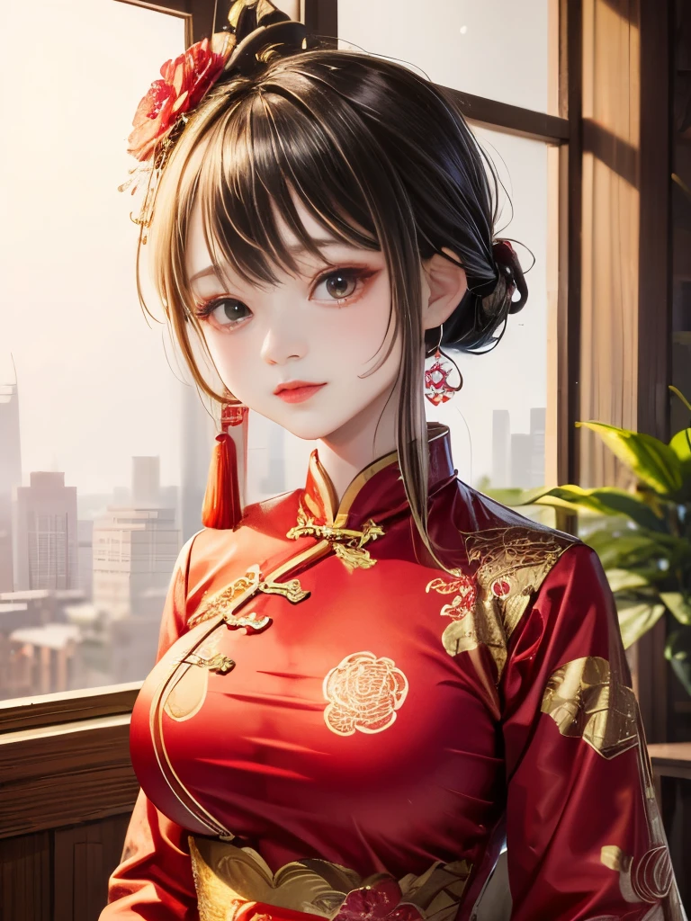 One person,Bush,Fashionable Girl,China dress,Chinese clothing,Hair Flower,(masterpiece:1.4),(Highest quality:1.4),(Glowing Skin),Red lips,View your viewers,Big Breasts,Cleft lip