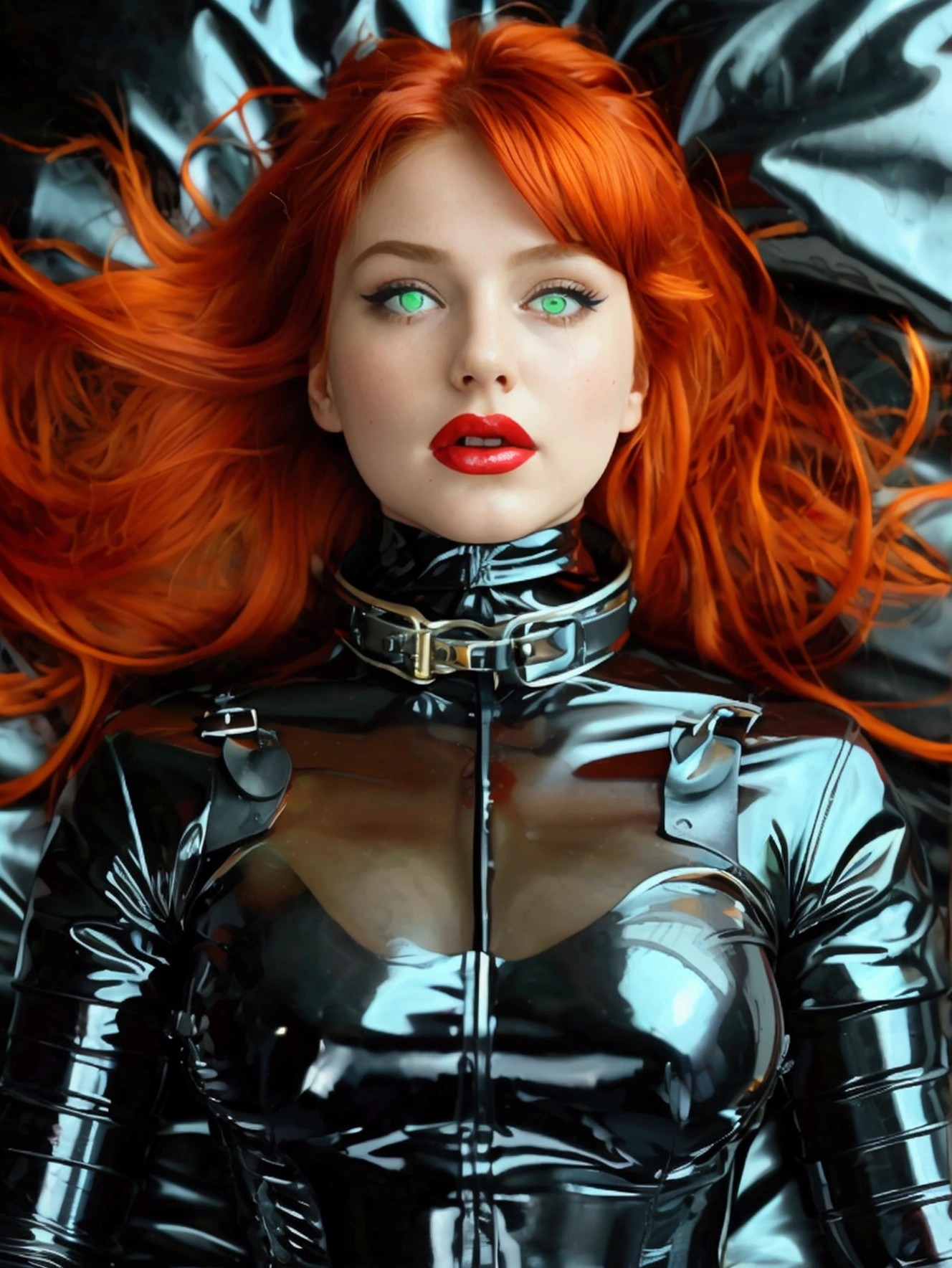 1 girl, best quality, masterpiece, red hair, green eyes, dull empty eyes with purple glint, hypnotized, mind control, wavy hair, red latex bodysuit, shiny latex bodysuit, latex gloves, latex ballet shoes, metal cuffs on wrists, metal collar with lock, big breasts, big thighs, big butt, hourglass figure, laying on side, laying on bed with black latex sheets, black latex arm binder, arms behind back, bondage, black latex belts binding legs, legs bound, leg bondage,black ball gag with red latex strap, drooling, blushing, body quivering, vibrator