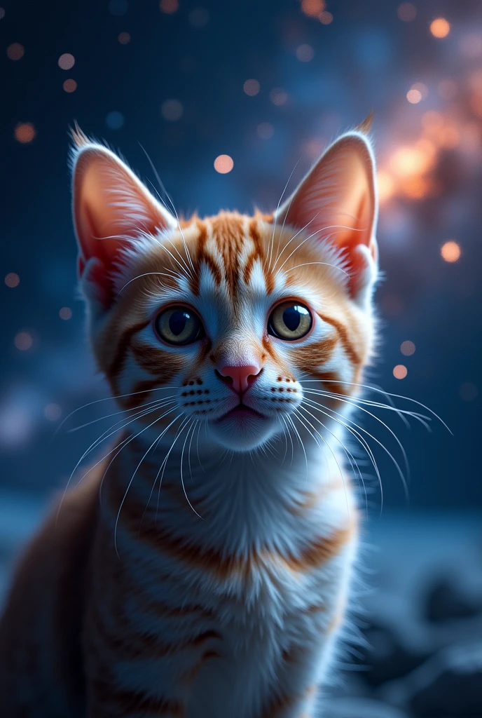 Cat face close up, Space in the background (Beautiful shining stars and galaxies), Space Cat, big "!?" on the screen is written in big letters on the screen,