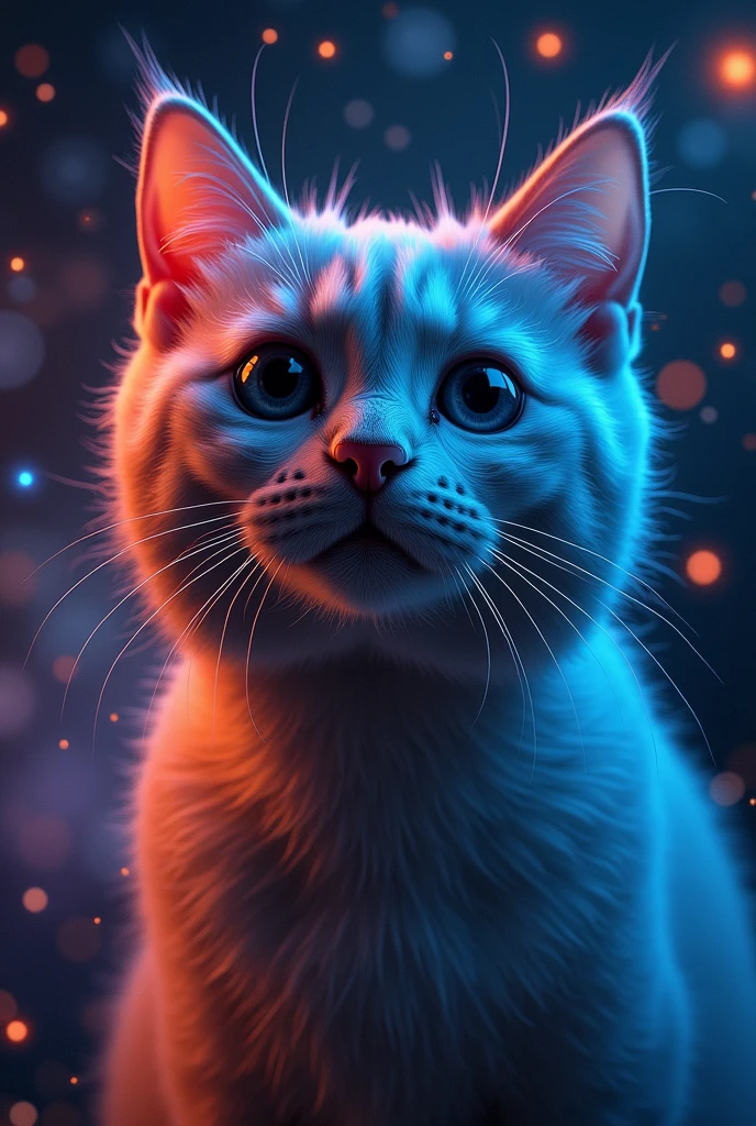 Cat face close up, Space in the background (Beautiful shining stars and galaxies), Space Cat, big "!?" on the screen is written in big letters on the screen,