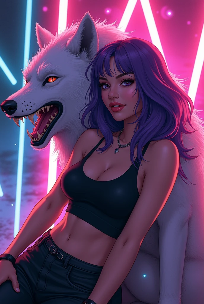 Chilling with a fierce friend 😎🖤✨ Detailed ink and neon vibes, this duo is pure badassery! 🐺🔥

Prompt: Create an 8k, hyper realistic, airbrush glossy GTA V anime poster style image of a beautiful woman with a soft  smile with sitting beside a large, snarling wolf with intricate fur details. She is wearing modern casual clothing with a sleeveless black top and accessories like bracelets and a necklace. The background should have vibrant neon glowing abstract geometric shapes to add to the composition's dynamic feel. Violet hair 