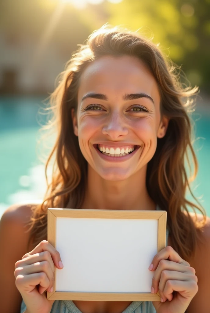 Create an image of a happy person with a focus on their smile, a blurred background, and holding a small blank sign..