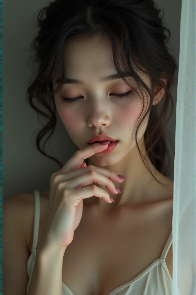 She bites her lip, her expression exuding a tantalizing mix of innocence and sensuality.