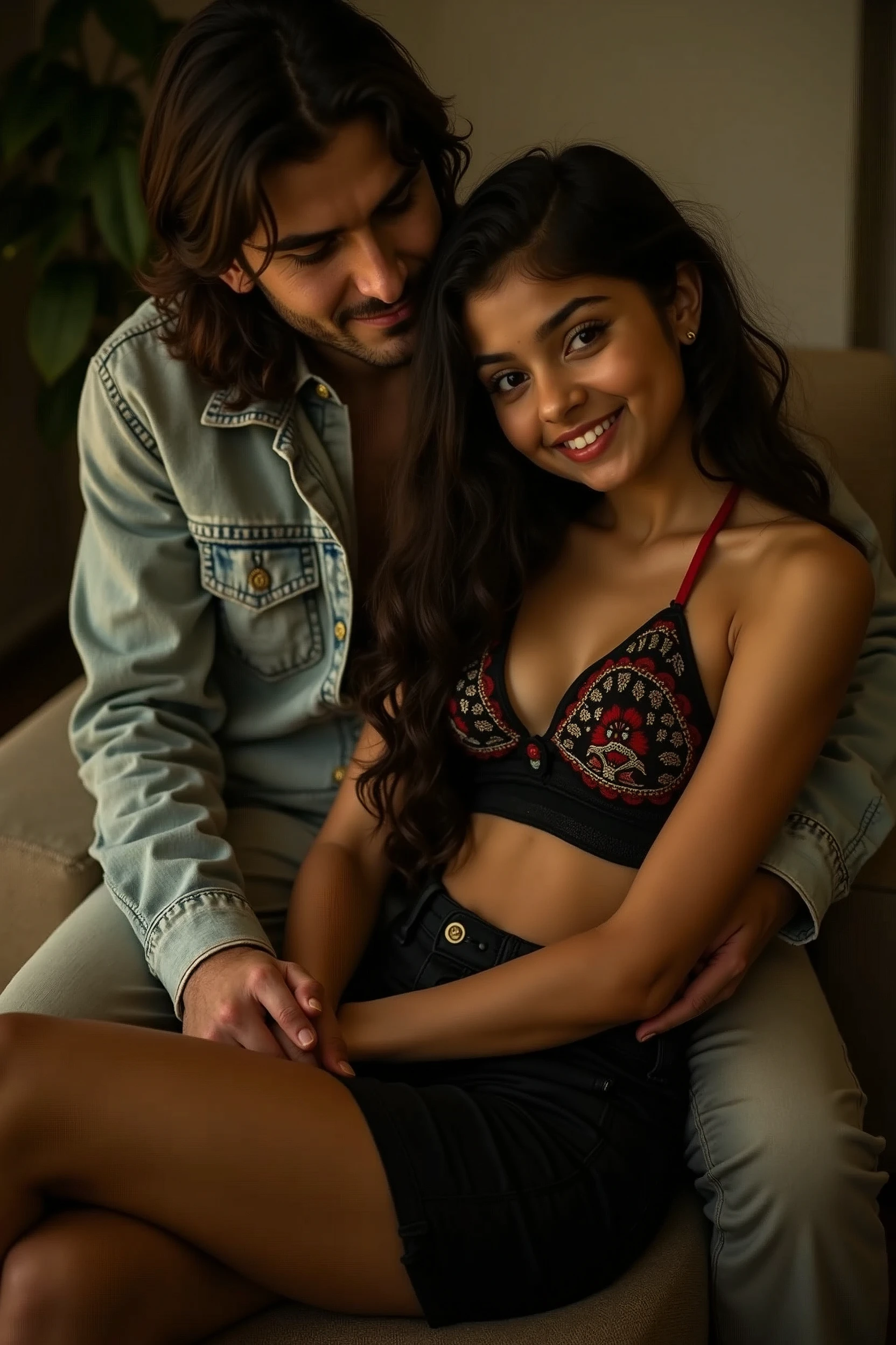 A beautiful gorgeous plump Indian 12-year-old woman wearing a Red thin bra panty, long hair, huge breasts, hot body curves, smiley face, white skin, laying on sofa with 21 years old handsome man