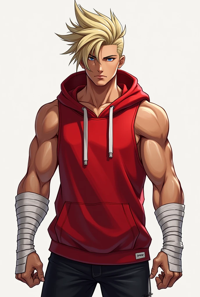 Male Realistic character, athletic physique, wearing a red sleeveless hoodie with hoods, thin white bands that cover both forearms and palms, leaving only fingers exposed. Black cargo pants. Light blonde hair, slightly long with a quiff, combed back, parted on the right side, thick and spiked. An important detail for the character is the bangs falling slightly over the face, parted in the center. Dominant side is the left side of the bangs with more strands and longer, while the right side has shorter strands.