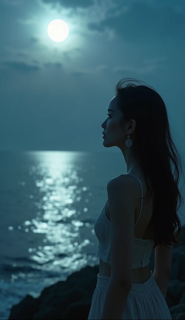 A beautiful woman gazing at the sea, full moon reflected in the water, incredibly detailed, 8k, hyperrealistic, masterpiece, cinematic lighting, warm color tones, dramatic atmosphere, ethereal, photorealistic, intricate details, serene, tranquil, peaceful, stunning, breathtaking