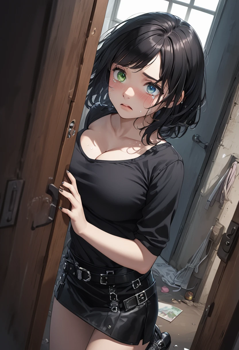 detailed illustration, dynamic angle, ultra-detailed, illustration, 1girl, , medium breasts, heavy breasts, heterochromia, blue eye, green eye, shy, bashful, black hair, black lipstick, sad, crying, tears in eyes, hands together, black goth shirt, cleavage, black leather skirt, buckles on skirt, doorway, slums, short black hair, sincere