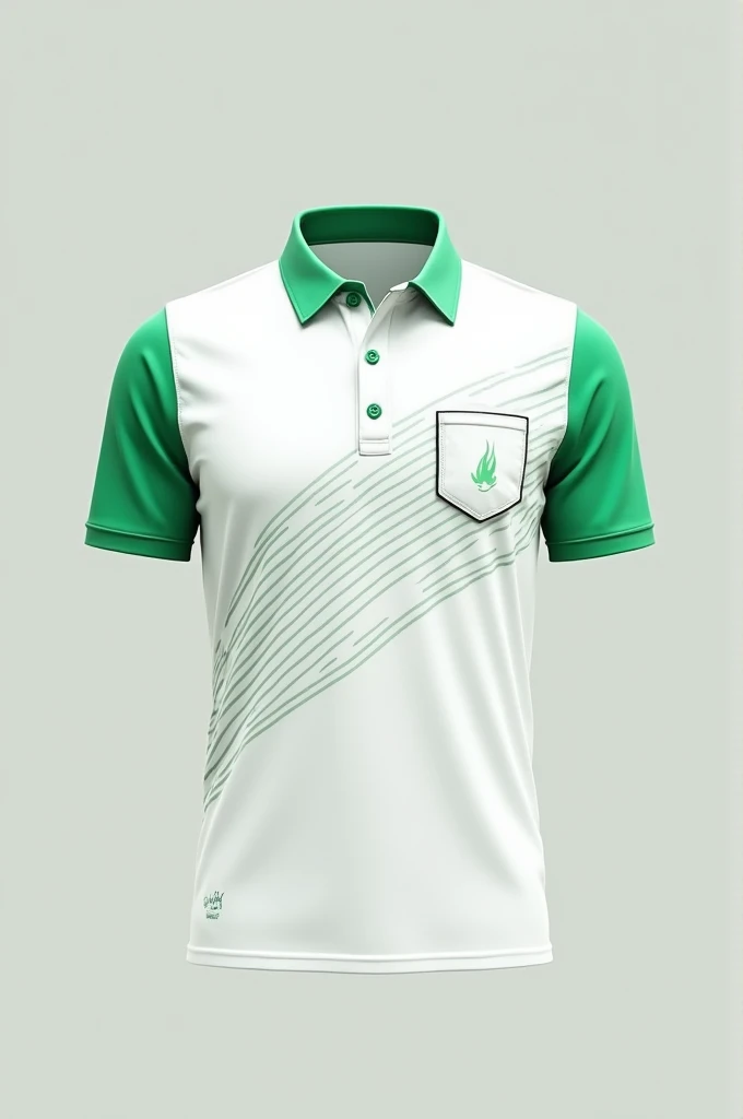 White and green short-sleeved polo shirt with pocket and curved line design 