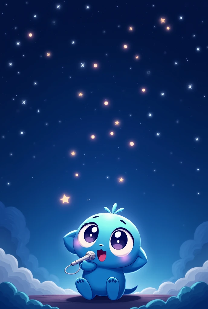 Boulette chibi bleu avec des étoiles dans les yeux. Who sings with a microphone under a starry sky 