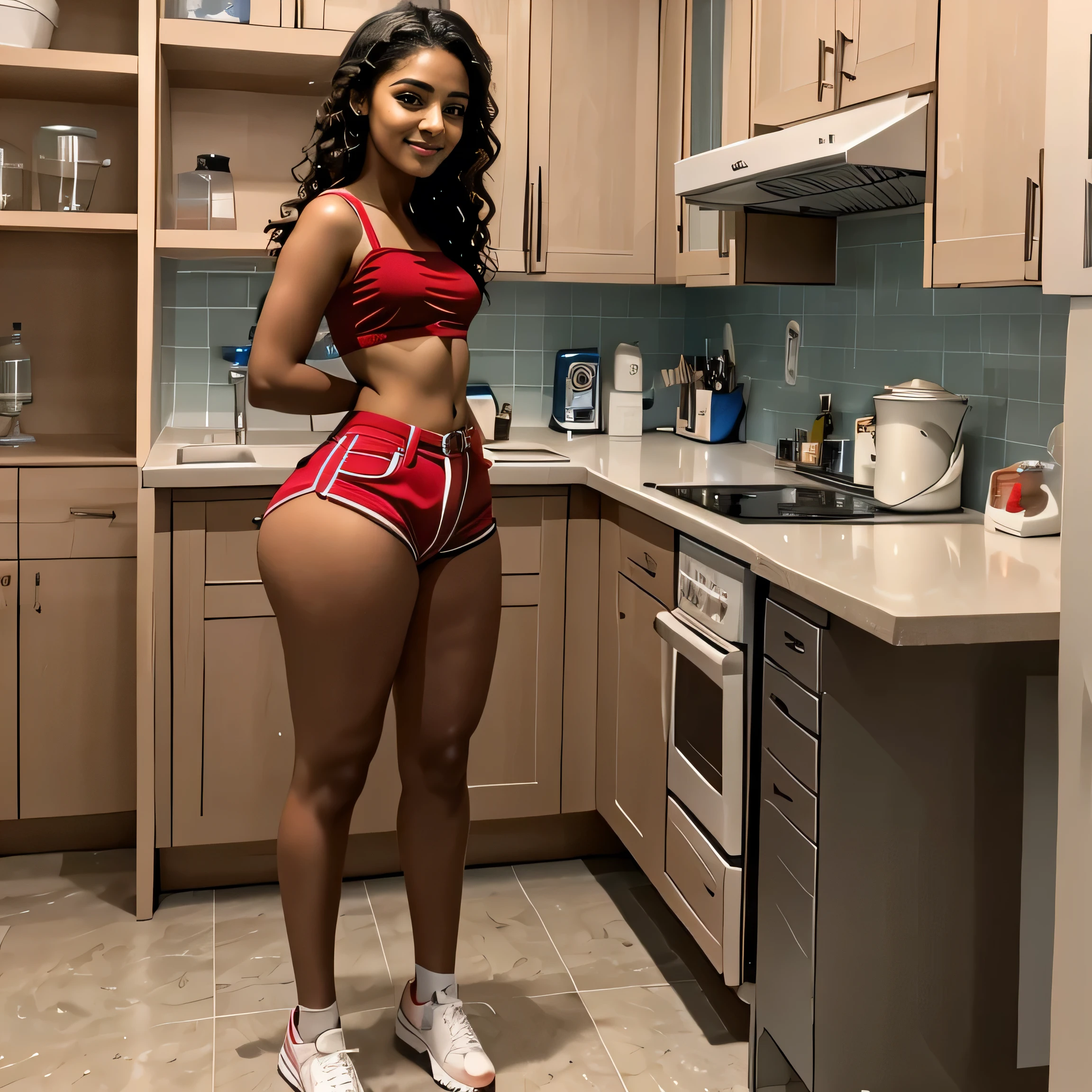 18 year old, surreal latina girl,, with freckles,arched back, side view, hyper realisitc, Husband and wife, very Sexy look, provocation, in laboratory, Tanga Short 4k, bra, and very short jeans, not shirt, not shoes, make up