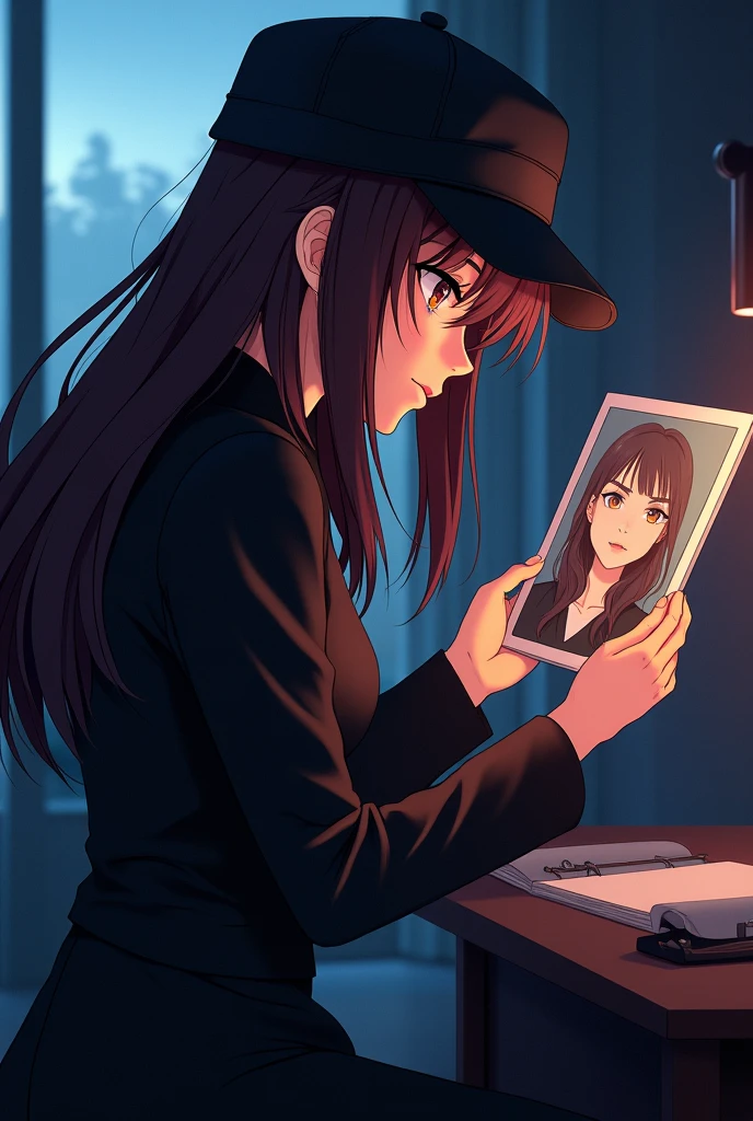 Make me a cover of a female detective with long brown hair and wearing black clothes and
anime version Lara and her Father: , looking at a photograph of his deceased father,