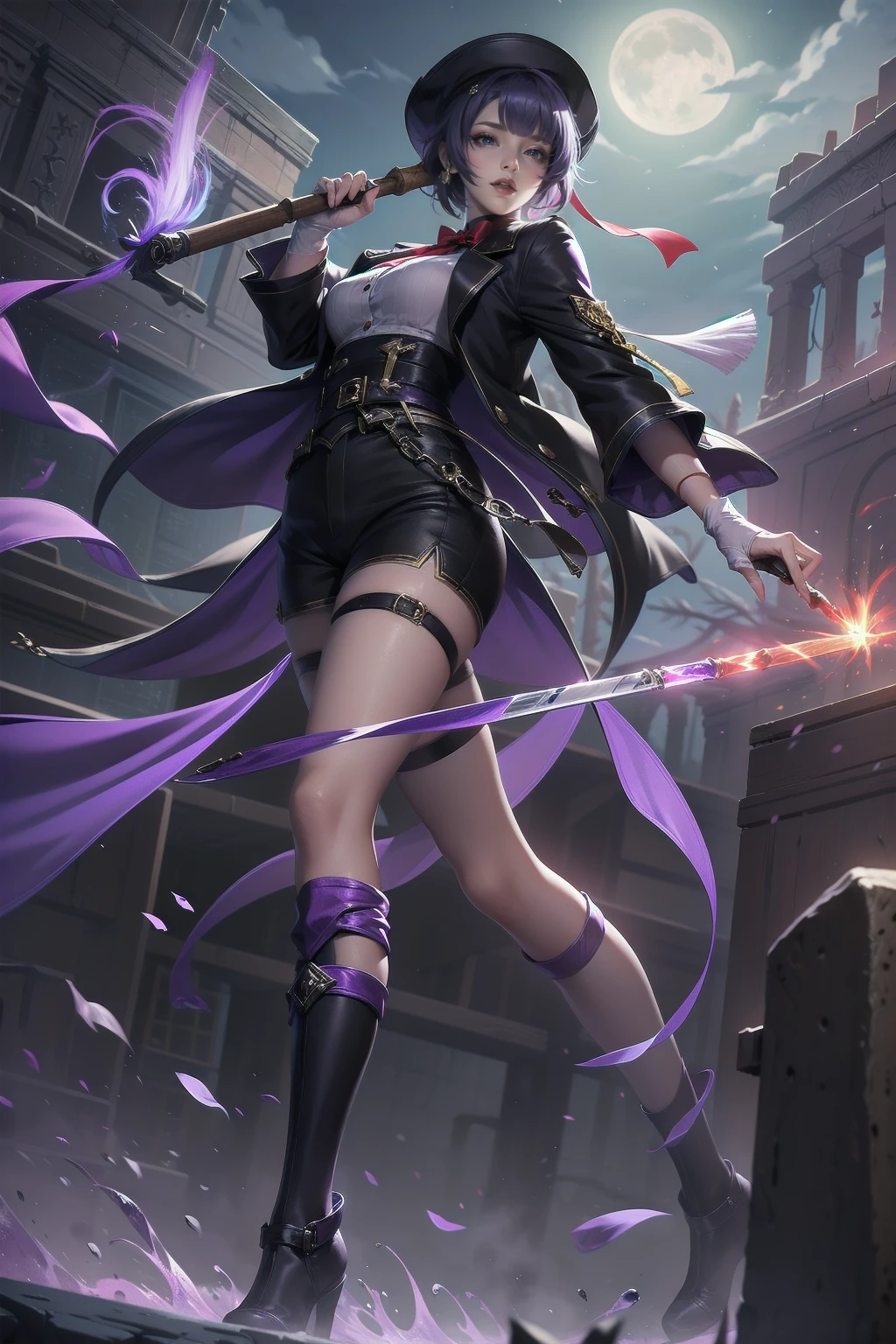 Anime Art、Full body portrait、Modern Street Killer、Moonlit Ruins、Tall Woman, Height: approx. 175cm, Around 20 years old, Wearing a black jacket and shorts, Holding a baseball bat and swinging it、Black socks、Short Medium Hairstyles、The eyes are covered by the bangs、Purple Hair、Wearing a red hat、Open-mouthed, intimidating smile、Purple eyes、gloves、stockings、boots、She has silver earrings in her ears
