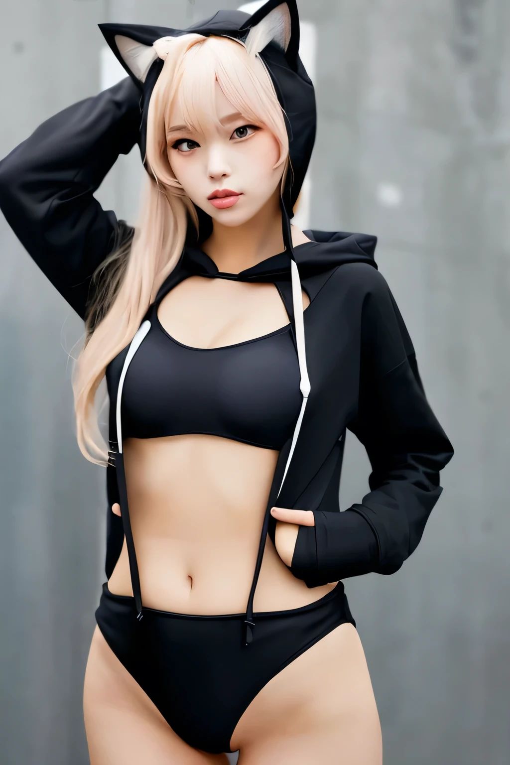 A woman with cat ears and a black hoodie and a swimsuit underneath。