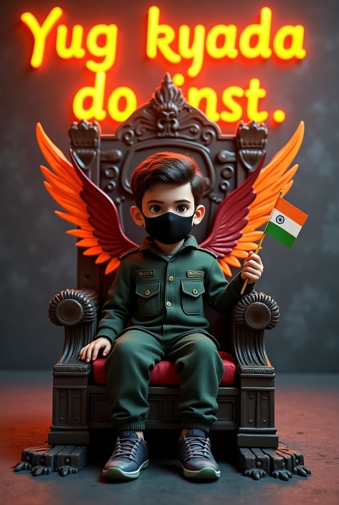 4TH PROMPT :- Create a 3D illusion for the profile picture where a cute 18 year old boy in army dress is sitting comfortably on the school bench
, wearing black mask,of the King of Beasts throne. Indian flag in hand And gandhiji next to me. Wearing sneakers, he looks ahead. " Prabhat roy
” is written in large, orange neon light font on the dark gray wall in the background. He has no shadow and has Indian Tricolor colored wings