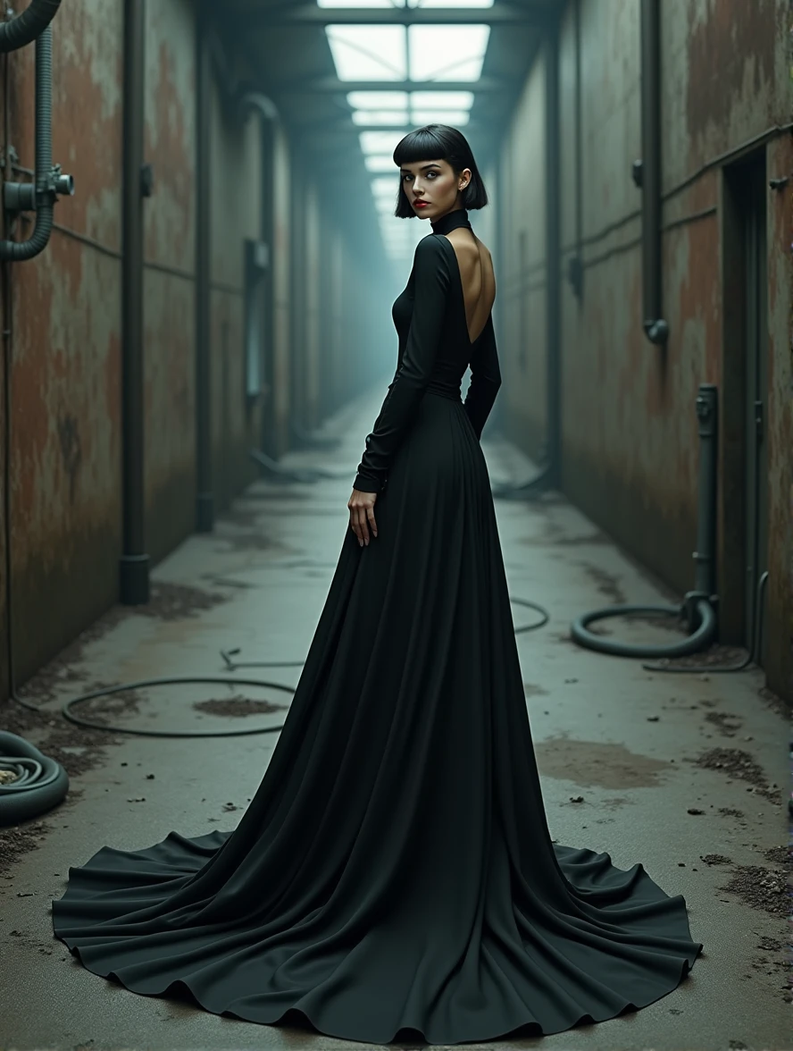 (Photorealism:1.2) woman, brunette, square hairstyle, Long legs, Beauty, dressed in a black long dress, Gothic dress, with a long train, high Victorian collar, gray eyes color, cyberpunk background, full height of a girl, inside an industrial building, runs deep into the corridor, portrait, Turns back, a view from afar down a long corridor