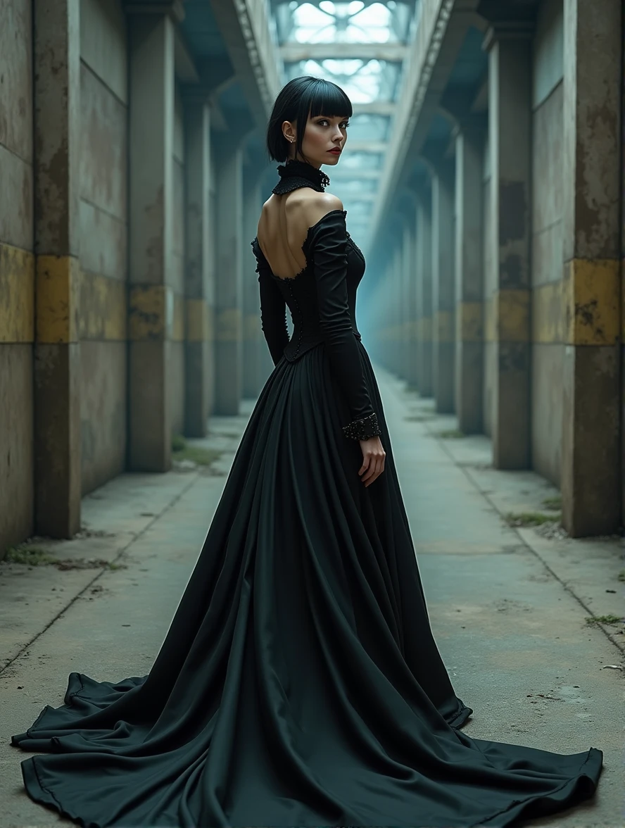 (Photorealism:1.2) woman, brunette, square hairstyle, Long legs, Beauty, dressed in a black long dress, Gothic dress, with a long train, high Victorian collar, gray eyes color, cyberpunk background, full height of a girl, inside an industrial building, runs deep into the corridor, portrait, Turns back, a view from afar down a long corridor