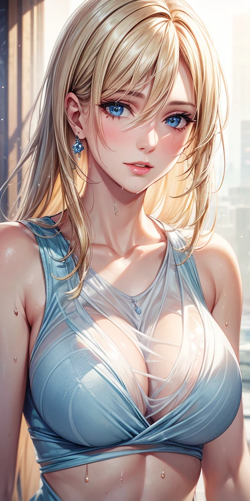 Portraiture, Elegant mature woman, blue eyes, Blonde, 4K resolution, High quality CG, Beautiful CG, Soft Light,Wet, see-through clothes,Mole near the mouth