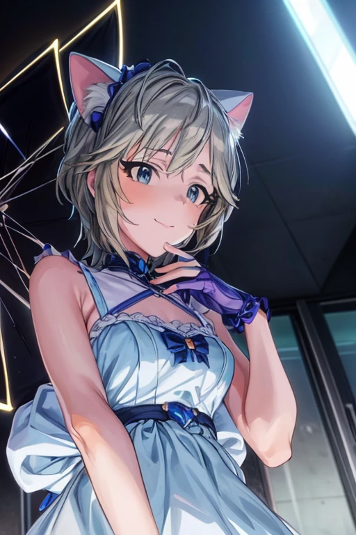 {{anastasia (idolmaster)}}, ai-generated,stunning,amazing quality,great quality,best quality, aesthetic,high quality,photorealistic,realistic,highres,HDR,intricate,clothes reflecting light,1 girl, cute,Cat ear,cat pose,cool,smile,dutch angle,, best quality, amazing quality, very aesthetic, absurdres