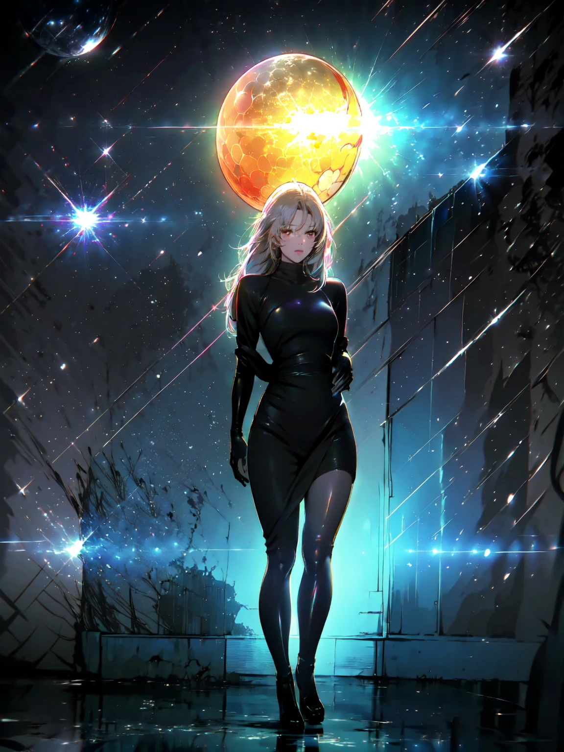 Girl with long white hair down to her waist, with small red details, red eyes, long black dress with a leg slit, with red details, long black boots up to below the knees, white skin, the ground around her is cracking and small stones are floating around her surrounded by a black aura, she is surrounded by shadows, and the background is dark like the night with the universe and stars, her presence causes fear, her shadow appears to be a monster, 8k, high quality, full body, (ultra-realistic), {extremely detailed 8k CG unit wallpaper}, expansive landscape photograph, (light: 2.0), (warm light source: 1.5), complex details, (iridescent colors: 1.5), (bright lighting), (atmospheric lighting), surreal, impressive, fantasy, (Solo: 1.2), White moon