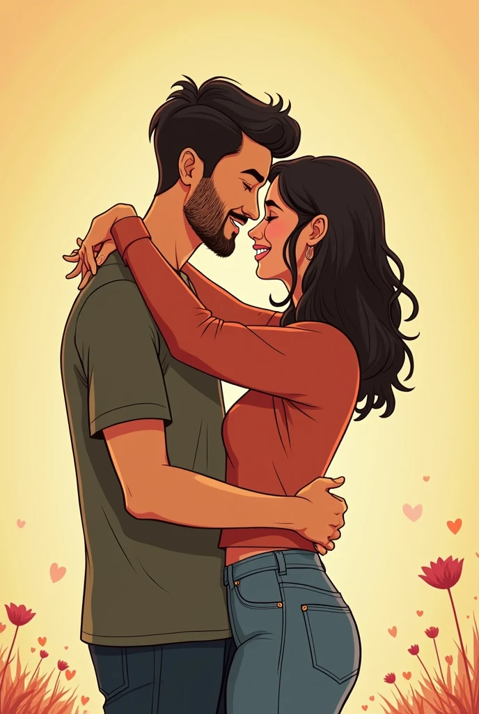 Couple hugging (realistic comic drawings) animation with script in Portuguese