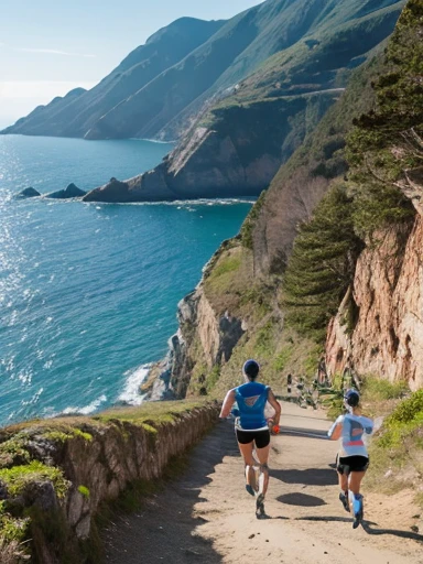 Two trail runners,male,Sportswear,Mountain々,Running down the cliff,back,The town spread out below,The distant ocean