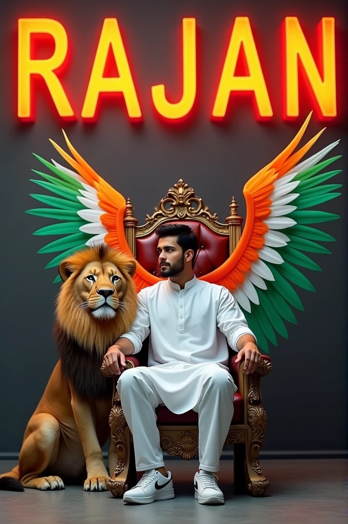 Create a 3D illusion for the profile picture where a cute 25 year old boy in white kurta is sitting comfortably on the chair of the King of Beasts throne. Indian flag in hand And a ferocious lion next to me. Wearing sneakers, he looks ahead. “ZAHID” is written in large, orange neon light font on the dark gray wall in the background. He has no shadow and has Indian Tricolor colored wings 4k
