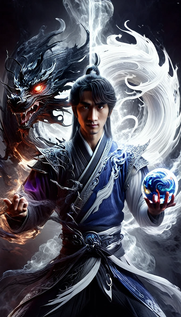 a man holding a ball with a dragon on it, inspired by Li Gonglin, human and dragon fusion, inspired by Feng Zhu, man with the soul of a dragon, inspired by Fan Kuan, inspired by Wu Li, wlop and ross tran, in the style of sifu 🔥 😎 🕹️ 👀 :2