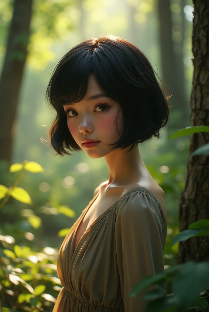 David Hamilton style, Japan woman, 20 years old, sunny, evening, forest, head to toe, barefoot, medium and tall, very short hair, lips are thin, lips are also light, eyes closed, eyes are small, eyes are frontal, profile, black hair, less freckles, contrast shallow ((((very beautiful portrait)), (glowing skin)), RAW photography, (monochrome, masterpiece, top quality, hyper detail, cinema lighting, intricate detail, high resolution, 8K, highly detailed), detailed background, 8K UHD, DSLR, soft lighting, high quality, film grain, ORIMPUS OMD, shallow depth of field, natural light, --auto --s2