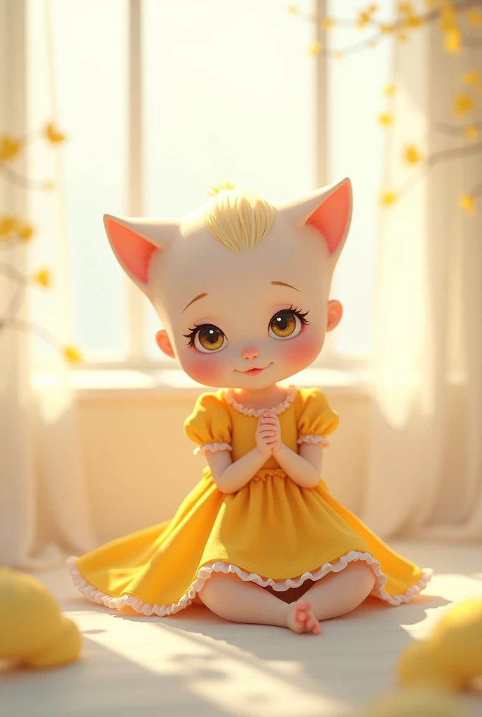 Cleen background female baby setting on chair look front baby frock colour yellow
Baby ear like cats