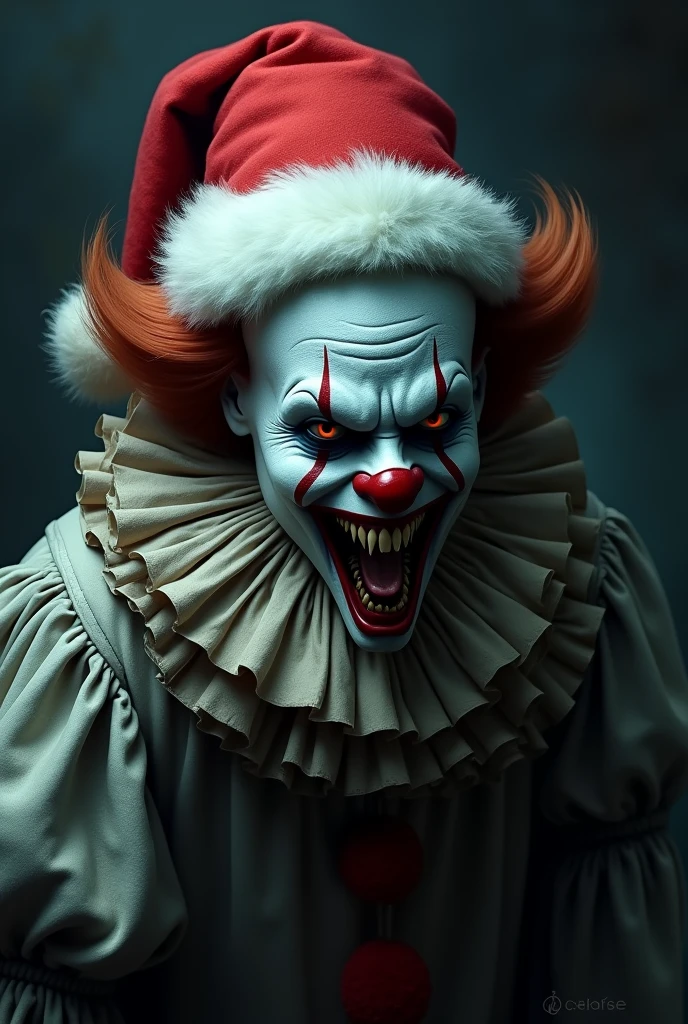 Le clown effrayant portant un bonnet de père Noël.