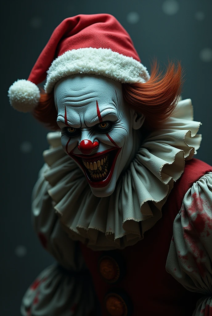 Le clown effrayant portant un bonnet de père Noël.