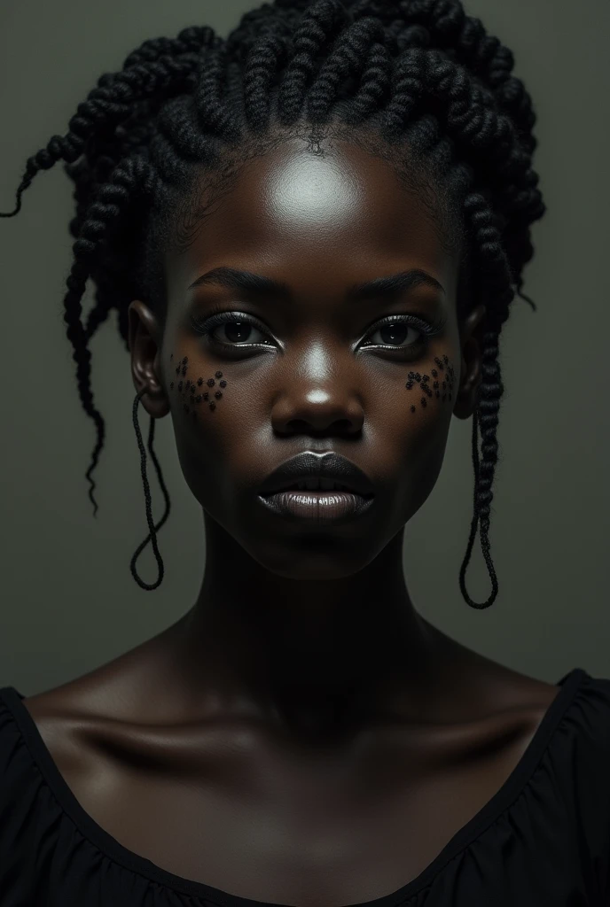 Dark african woman, tall, big nose, black acne spots, braided hair, no big cheek bones, chubby , dark, big nose, black skin