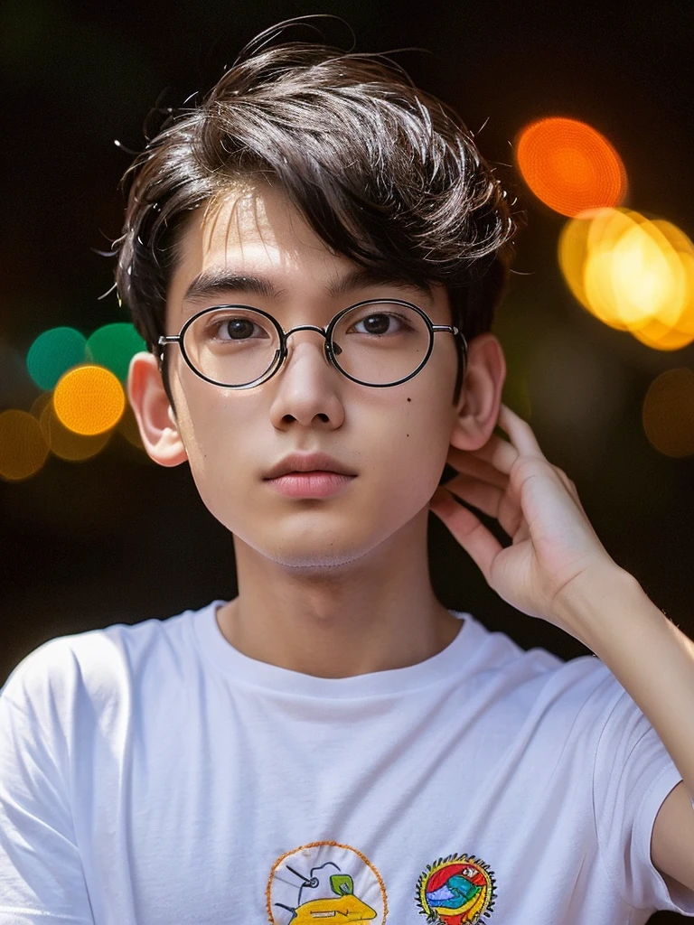 A mysterious person in the middle of the universe is looking at you, A fantastic atmosphere, an 18 year old boy, white, dark brown eyes, black hair combed to the left side, a bit spiky, white t-shirt, with a mole on his cheek, Using slightly rectangular glasses, not circular, so that you can see the background of the photo well and that it is more colorful. 