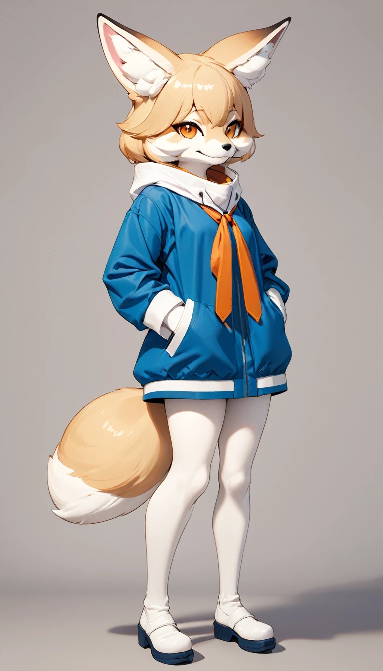 (masterpiece, best quality:1.2), 1 girl, solo, full body, (anthropomorphic Fennec Fox, furry, kemono), simple background, Generated in SFW