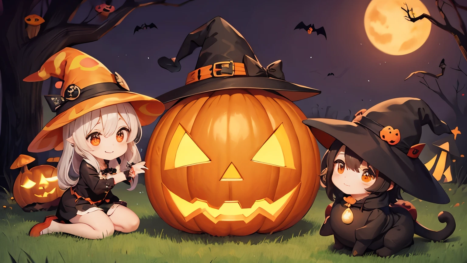 A pumpkin with a witch's hat and a mushroom black cat. Super cute, kawaii, halloween colors. Mushrooms, spooky, spiders