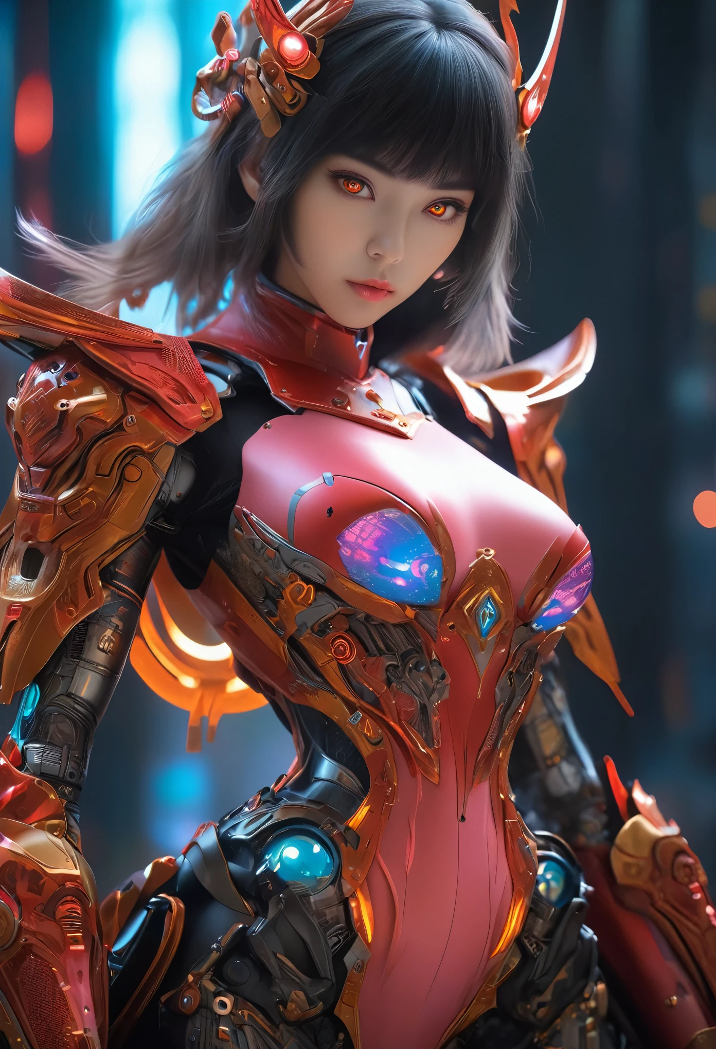 upper body,solo,[:(black background:1.5):90],Gradient background,1mechanical girl,(1kaijin:1.2),curvy,machine made joints,machanical limbs,blood vessels connected to tubes,mechanical vertebra attaching to back,mechanical cervial attaching to neck,lights on armor,mecha headglass,Luminous Arms,laser eyes,expressionless,glowing skin,dynamic angle,
(colorful:1.2),outline,watercolor,hdr,ray tracing,nvidia rtx,subsurface scattering,pbr texturing,post-processing,anisotropic filtering,depth of field,maximum clarity and sharpness,16k raw,luminescent particles,cinematic lighting,lens flare,dramatic_shadow,fantasy,chromatic aberration, intricate details