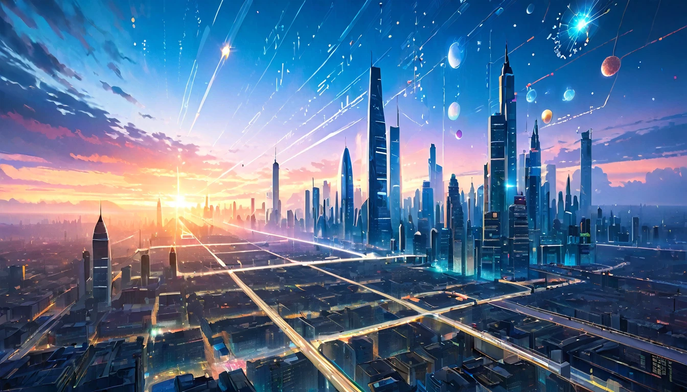 "A futuristic cityscape at dawn, with holographic displays of scientific formulas and discoveries floating above the buildings"