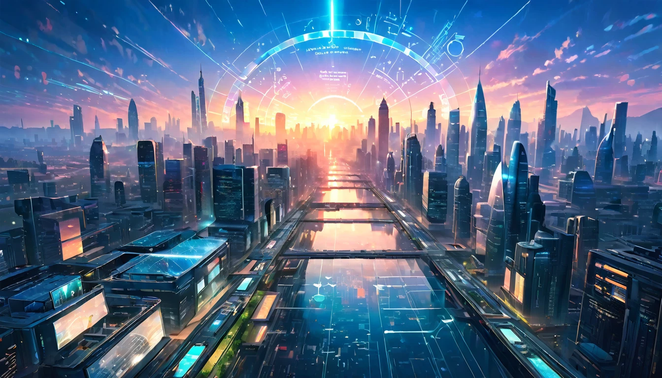 "A futuristic cityscape at dawn, with holographic displays of scientific formulas and discoveries floating above the buildings"