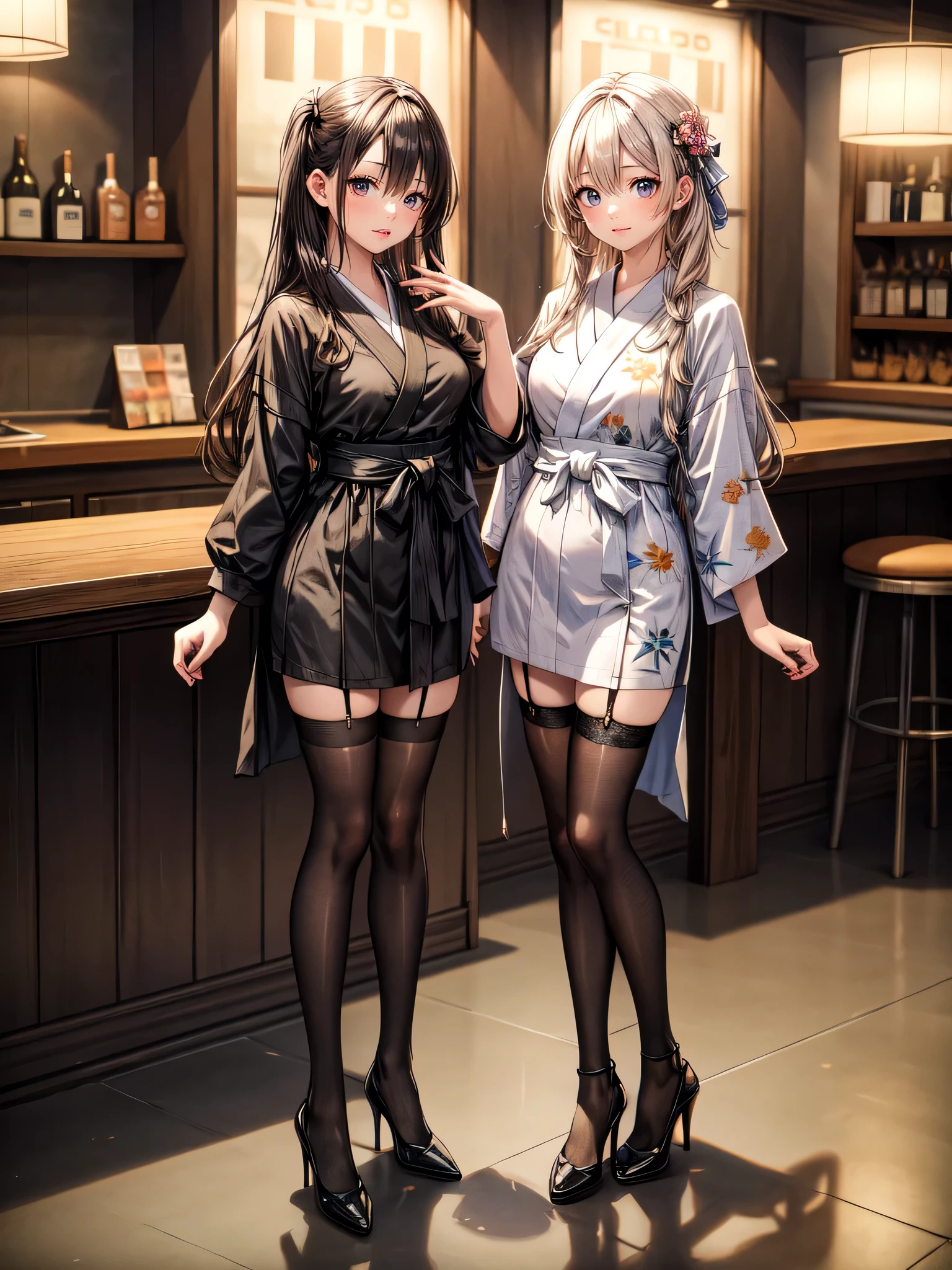 (masterpiece, best quality, highest quality, Masterpiece, 8k:1.5),((Full Body Shot,Including face)), 1girl, ((Focus on the face,Symmetrical facial features)), Beautiful woman, (Slender),((High heels,Patterned stockings with straps)), Detailed depiction of the face, Cafe clerk , bar counter, profile, yukata, Slenderな女性, medium long, Vertical Roll,