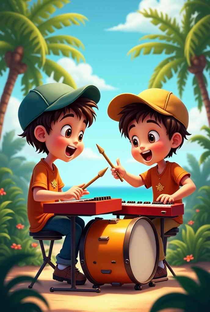 Two cousins playing one and I the keyboard and the other the snare drum The cousins and their tropical tide