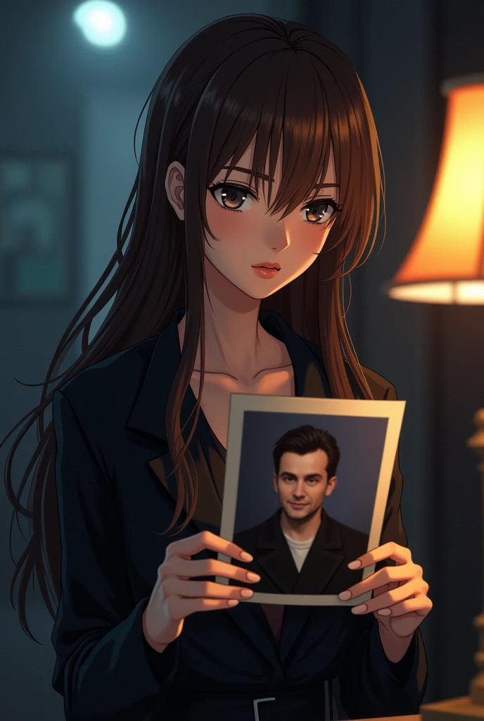 Make me a cover of a female detective with long brown hair and wearing black clothes and
anime version Lara and her Father: , looking at a photograph of his deceased father,