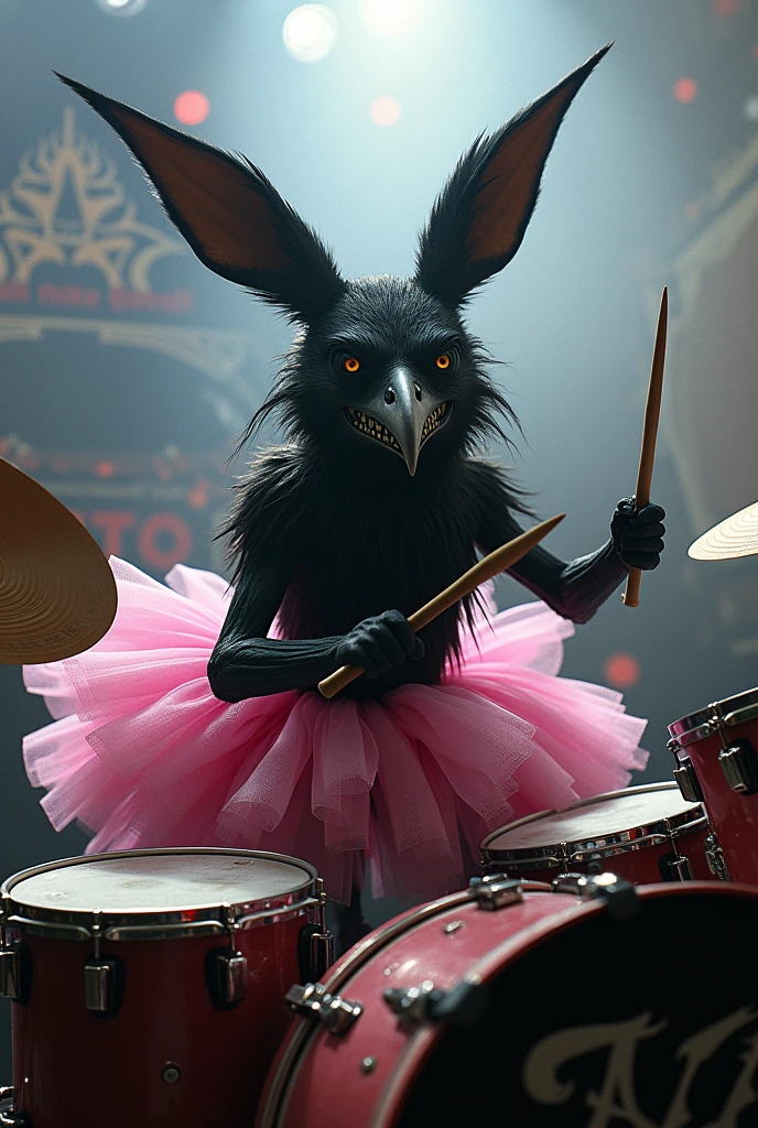 A Raven with rabbit ears and a mean face wearing a pink tutu playing drums at a heavy metal concert.