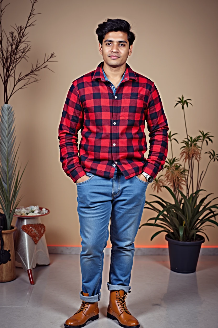 24 year old indian boy With fair skin and skinny
body Posing for a linkedin picture in formals coat and red light in background