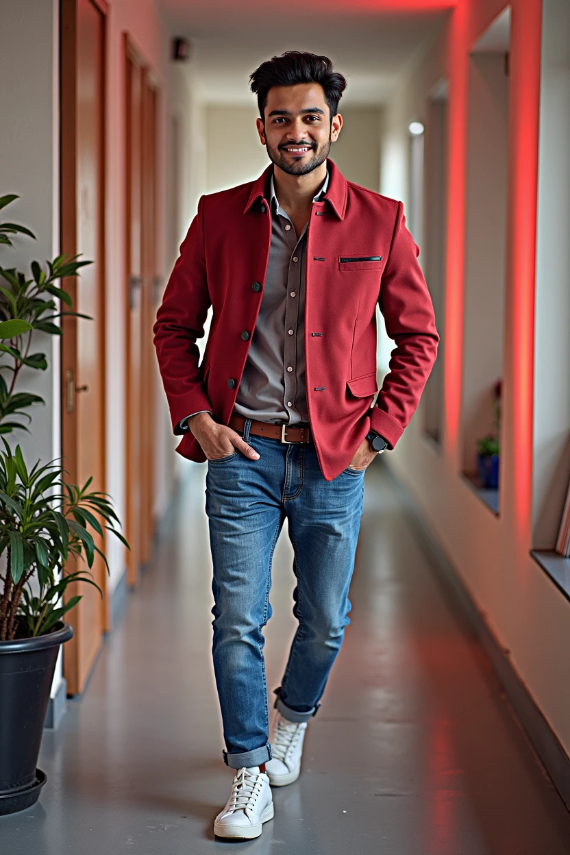 24 year old indian boy With fair skin and skinny 
body Posing for a linkedin picture in formals coat and red light in background

