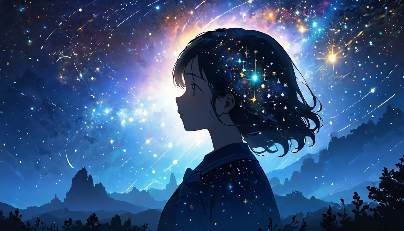 "A young person's silhouette filled with a cosmic landscape, stars, and constellations, representing the pursuit of knowledge and infinite exploration"